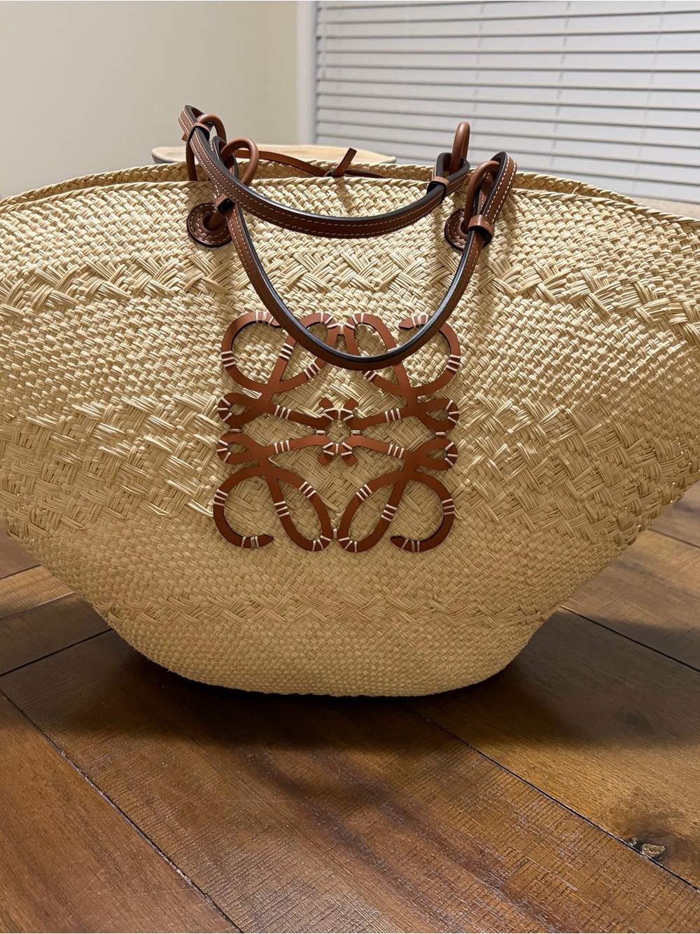 Loewe Beige Straw Tote with Brown Leather Anagram